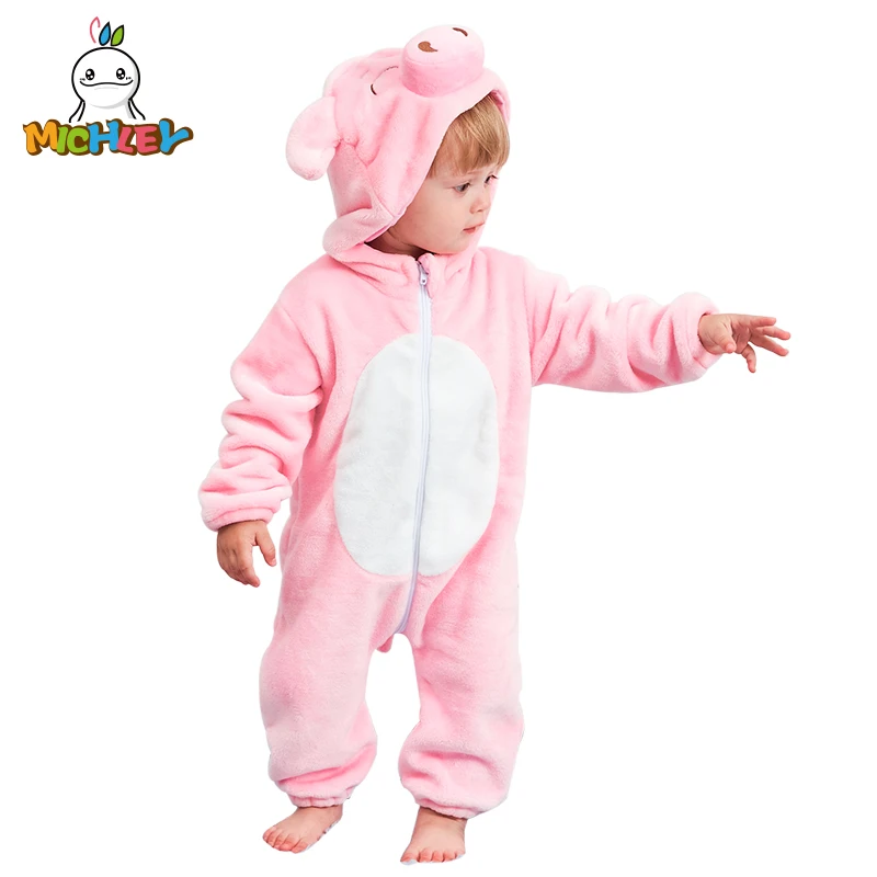 

MICHLEY Baby Hooded Romper Winter and Autumn Flannel Pink Pig Animal Style Boys Cosplay Clothes High Quality Girls Pajamas XYZ-P