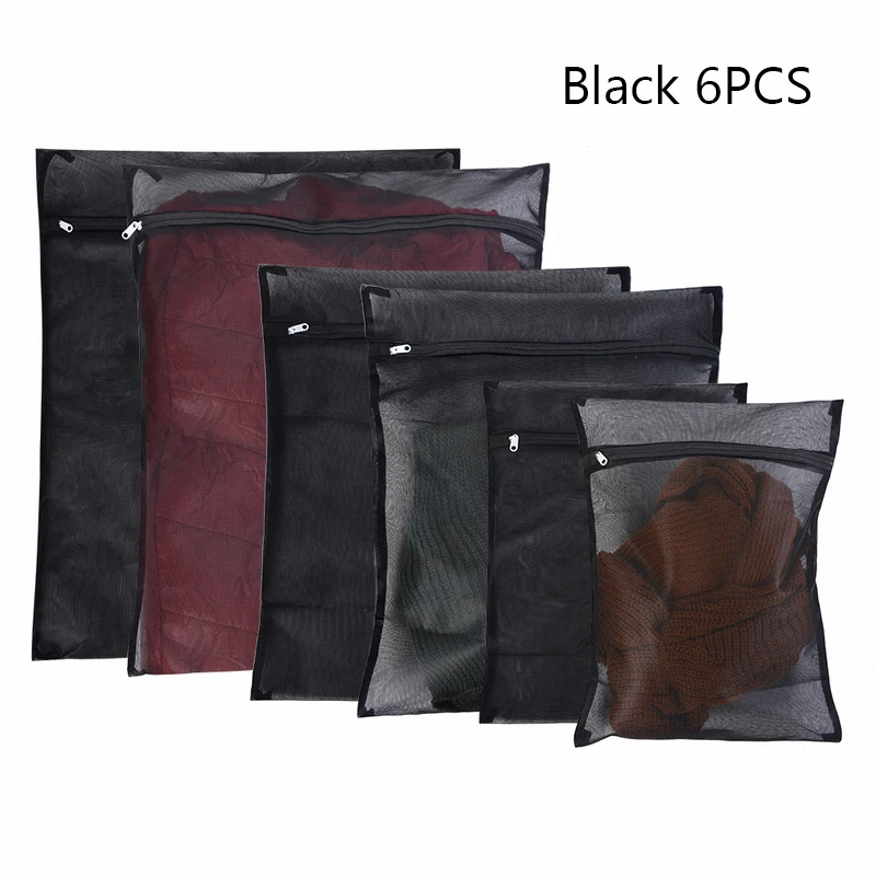 Складная сумка для стирки на молнии, бюстгальтер, носки, нижнее белье, стиральная машина, Сетчатая Сумка,, корзина для белья - Цвет: black 6pcs