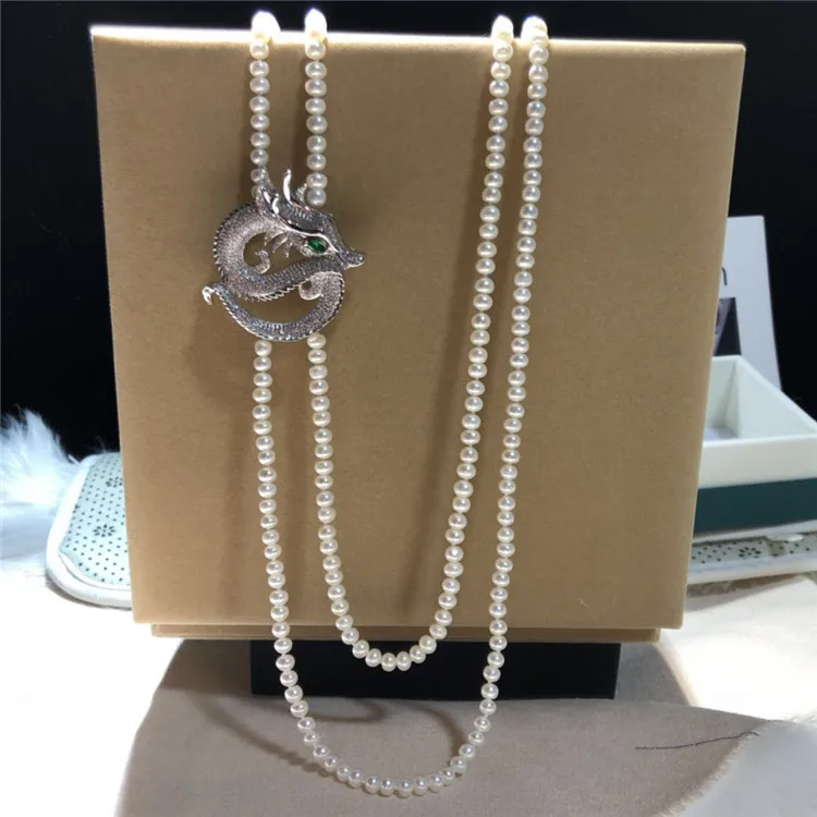 

Double Strand Natural Freshwater Pearl Sweater Necklace 6-7mm Semiround With Dragon Clasp Euro Design Women Gifts