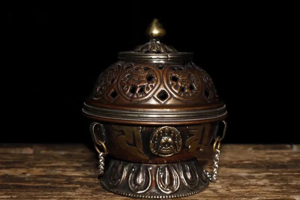 

Collectible Tibetan Buddhism Old handmade copper incense burner Tantric Mantra Home Hanging Cense
