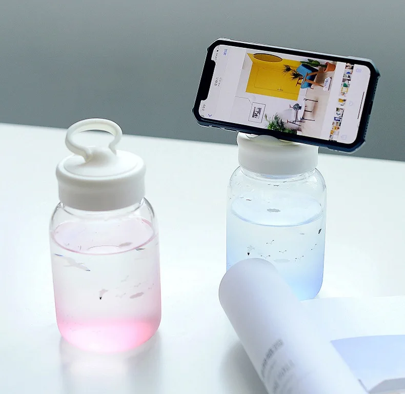 

Freelove Seagull Gradient Glass Water Bottle 400ml with Filter/Ring Lid Stand Holder for Phones Tablets BPA Free, Protecter Case
