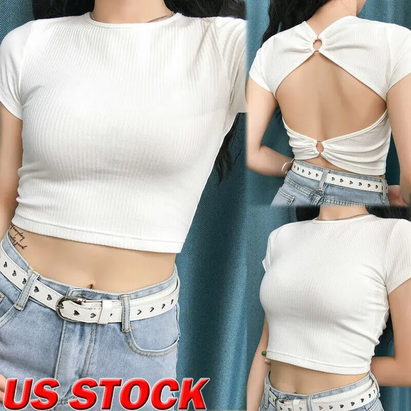 

Fashion Women Slim Backless Top Casual Crop Top T-Shirt Ribbed Solid Clothes Tops Backless Sunsuit