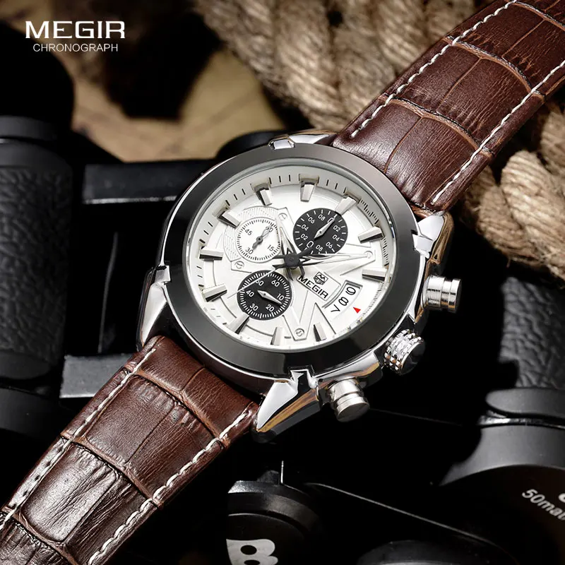 

MEGIR Military Watches Men Quartz Chronograph 6 Hands Genuine Leather Male Clock Sports Army Wrist Watch Relogios Masculino