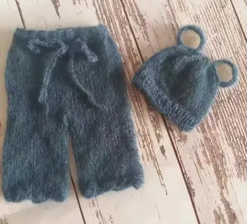 

Newborn Hat and Pants Set Mohair Full Set Prop Knitted Newborn Bear Hat Newborn Overalls Baby Photography Prop