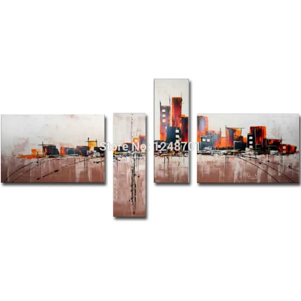 

Hand Painted Abstract Four pieces-Combination Colorful Building Oil Painting on Canvas Building Wall Picture Home Wall Art Decor
