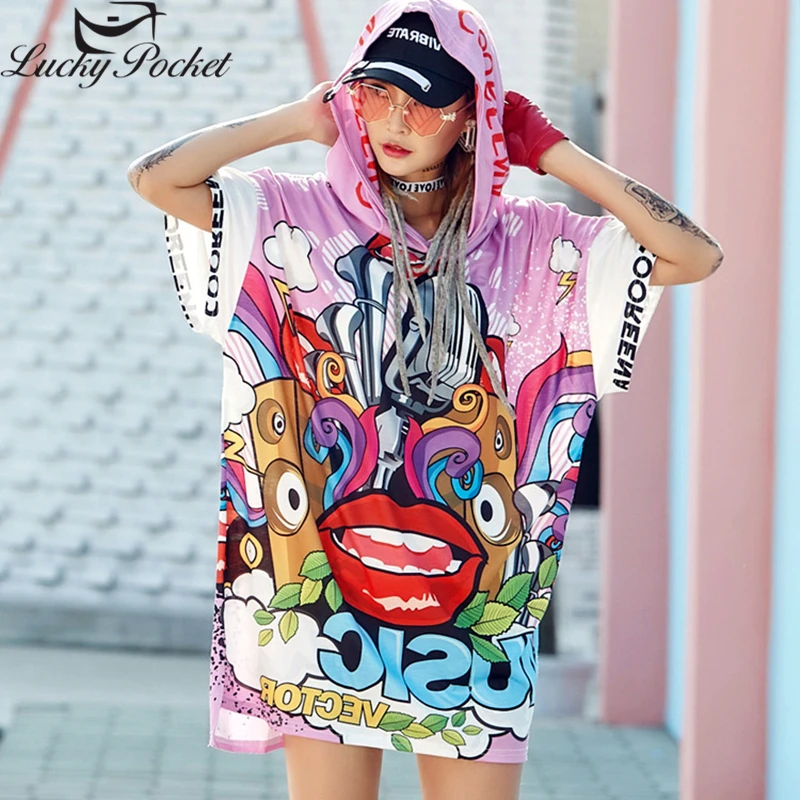 

Female Spring Summer Hooded Dress Women Casual Short Sleeve Mini Vestido Fashion Cartoon Print Street Style Loose Dresses Z1017