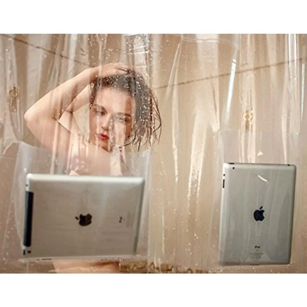 Transparent Bath Shower Curtain with Pockets Phone Tablet Holder Clear