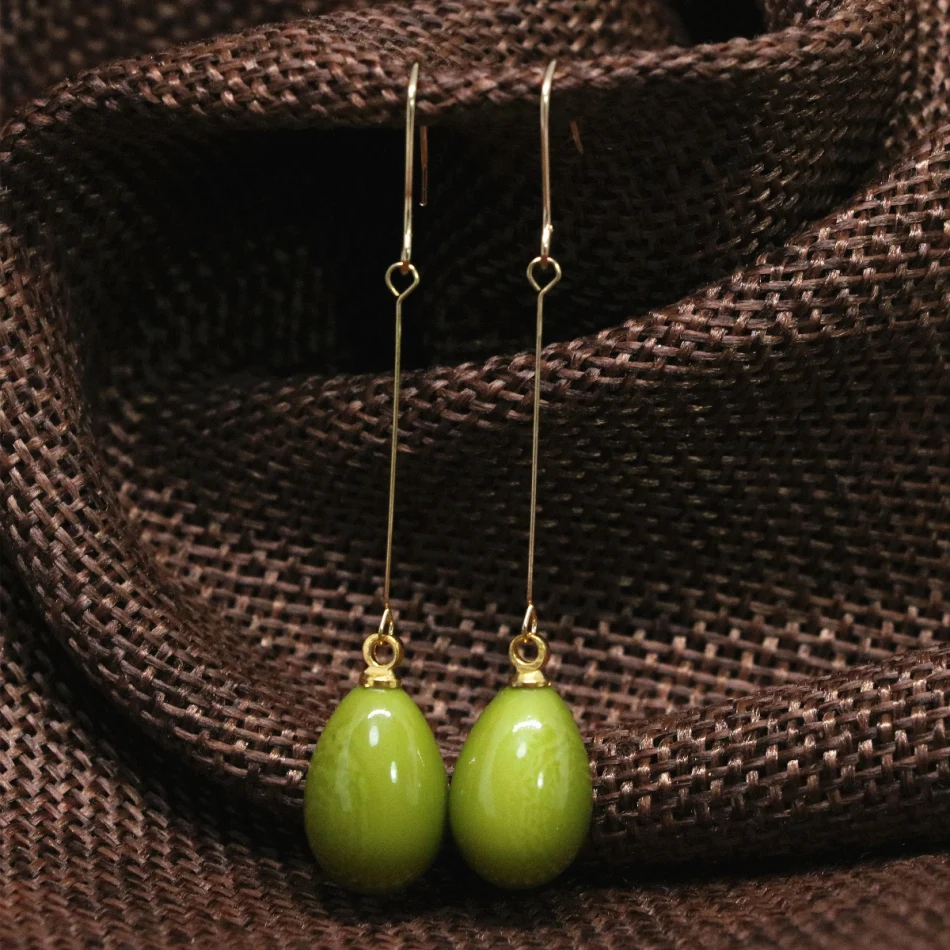 

Free shipping large eardrop long drop earrings green baking paint glass 9*13mm teardrop women fashion dangle earbob jewels B1795