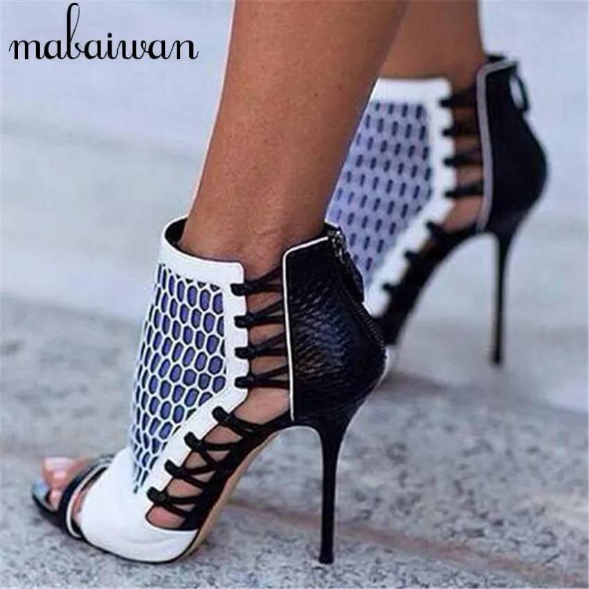 Fashion Hollow Out Strappy Women Summer Sandals Back Zipper High Heels Peep Toe Ankle Boots Women Pumps Stilettos Zapatos Mujer