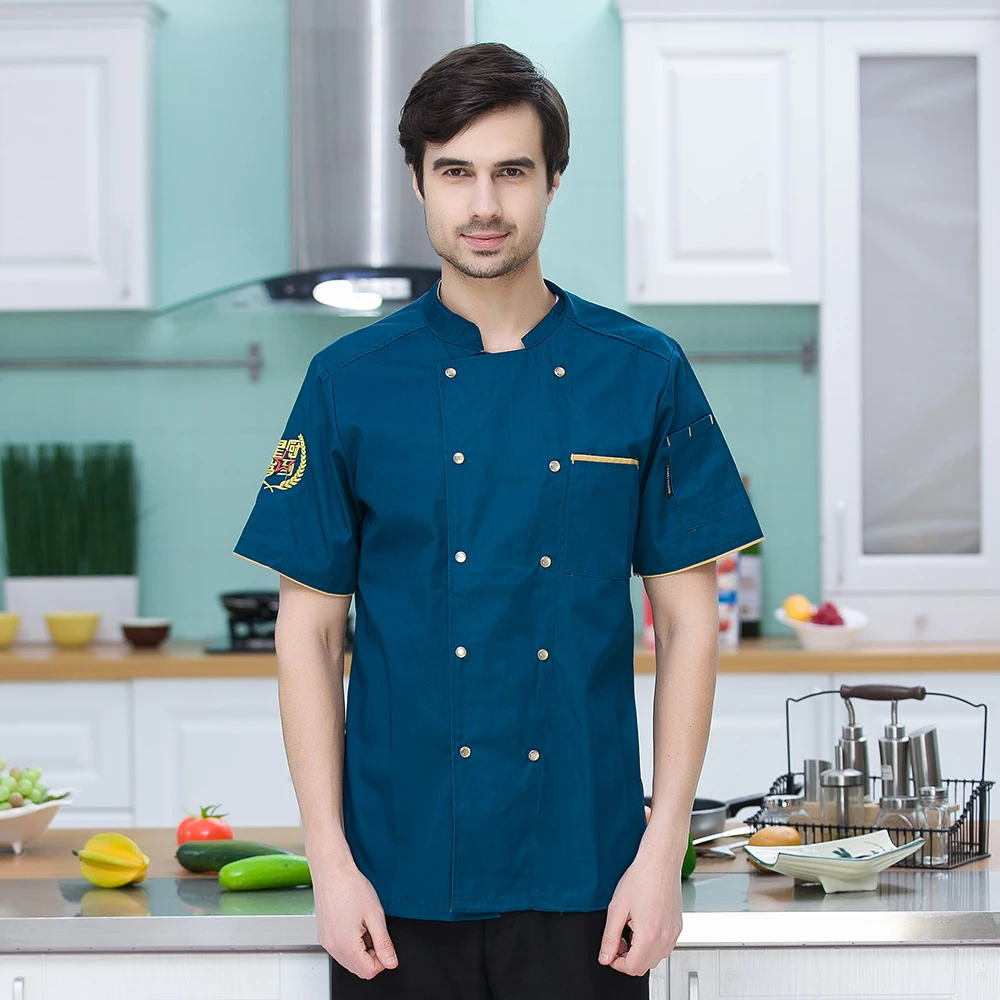 blue-coat Высококачественная дышащая куртка шеф-повара с коротким рукавом, Униформа, ресторанное питание в отеле, рабочая одежда, комбинезоны, кухонные мужские пальто, костюмы - Цвет: blue-coat