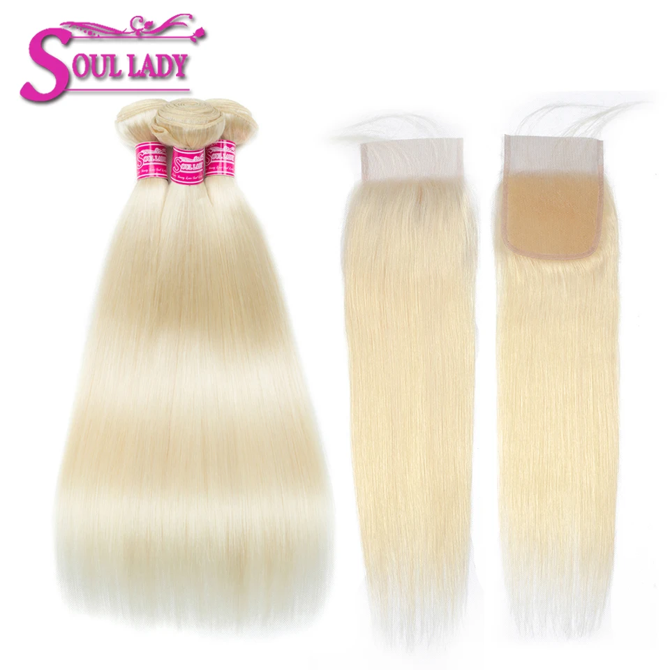 

Soul Lady Hair 613 Blonde Bundles With Closure Malaysian Straight Hair Remy 100%Honey Blonde Human Hair Bundles with 4x4 Closure