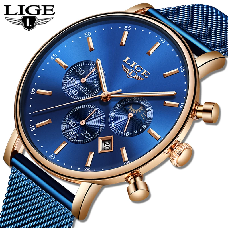 Online Relojes LIGE para hombre de marca superior de lujo azul Casual correa de malla reloj deportivo de moda hombres reloj de cuarzo impermeable reloj Masculino