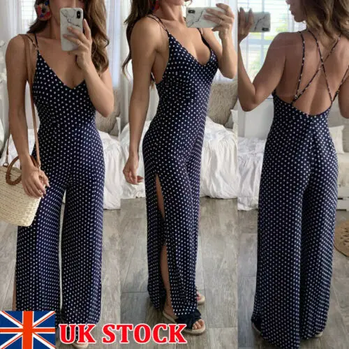 

Womens Polkadot Wide Polka Dot Wide Split Leg Jumpsuit Summer Romper Ladies Evening Party Playsuit Size 6-14