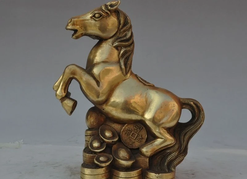 

9"china fengshui brass wealth money coin ingot animal horse steed success statue