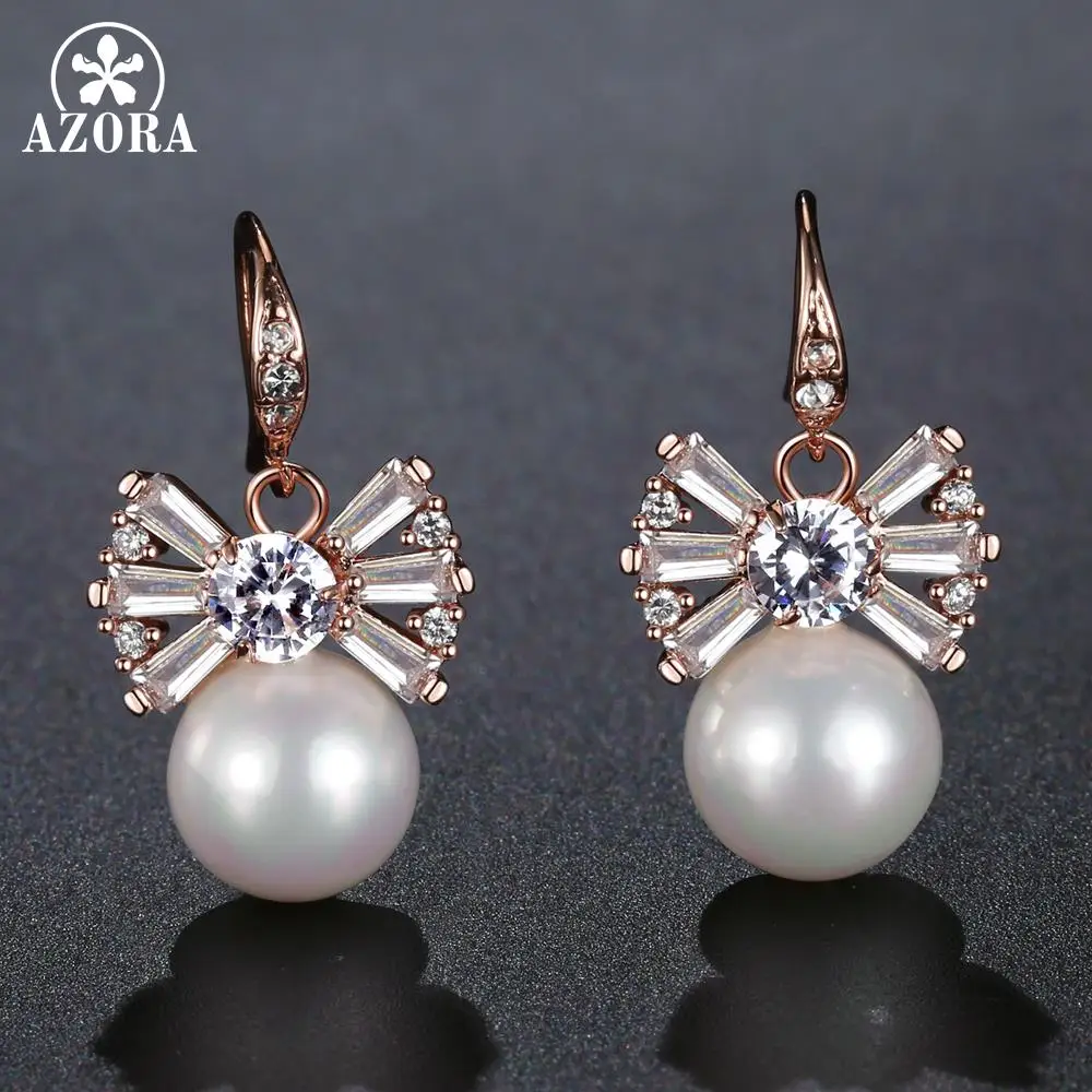 AZORA Simulated Pearl Earring Dangle Drop Rose Gold Color Bowknot Earrings Clear Cubic Zirconia Fashion Jewelry for Women TE0332