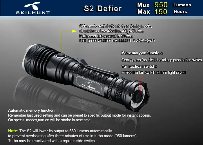 Skilhunt S2 Defier CREE XM-L2 950 Luems светодиодный фонарь для кемпинга совместим с батареей 18650