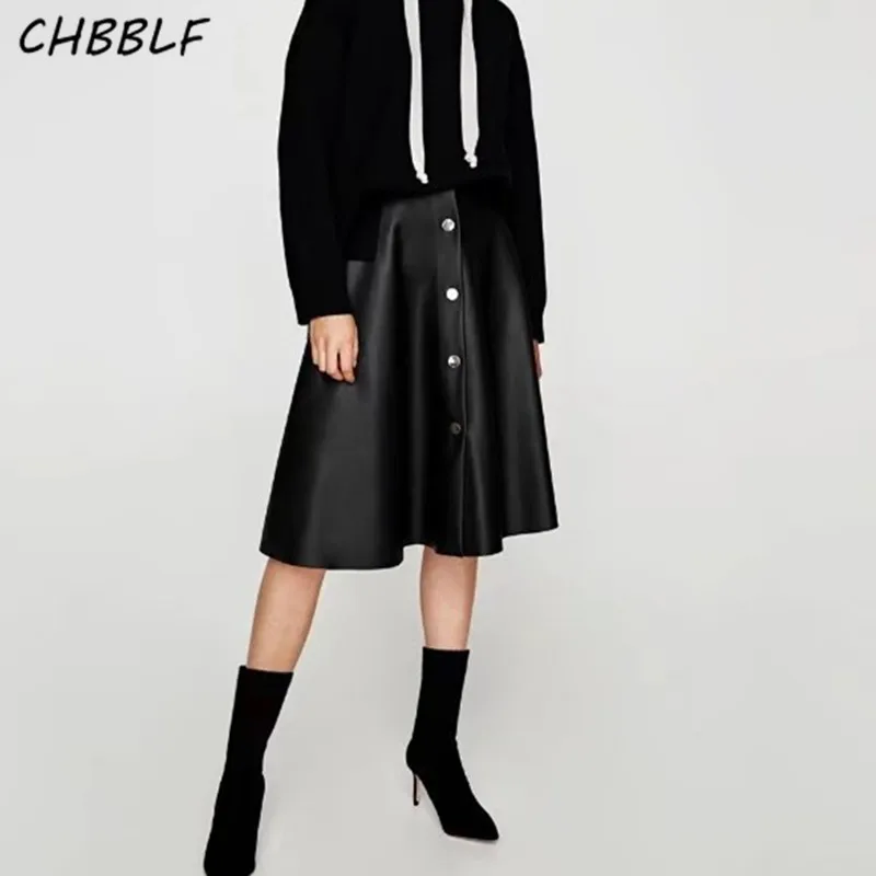 

2018 new women faux PU leather black skirt Button decoration elegant ladies casual wear skirts O8500
