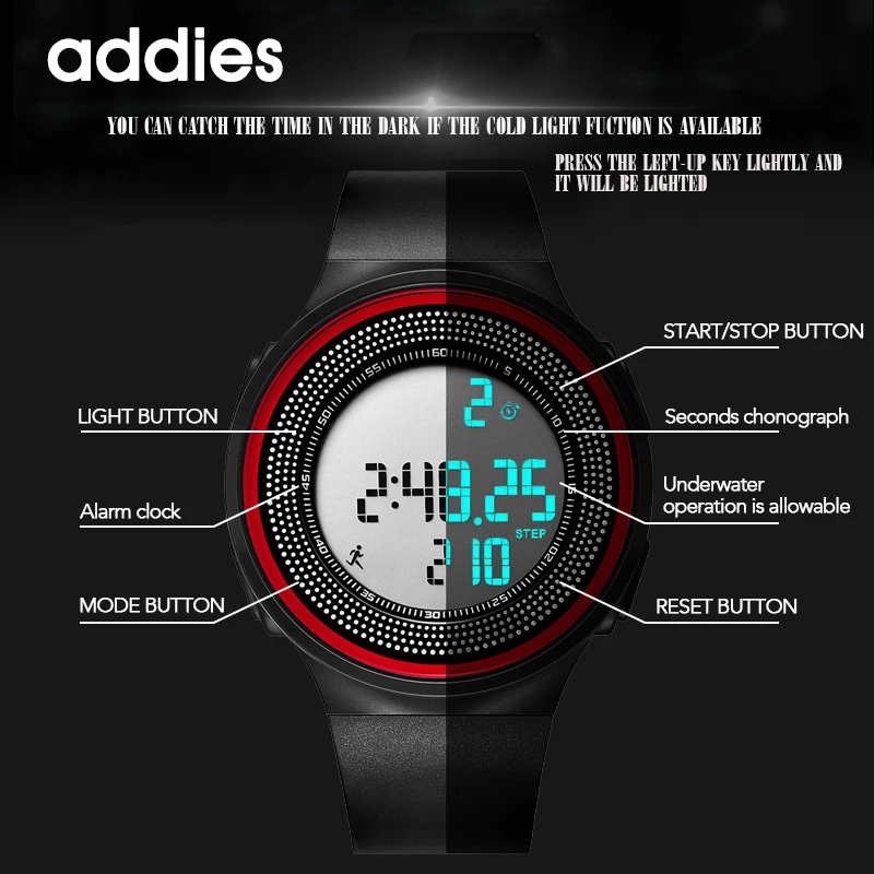 addies men quartz movement 50 meter waterproof swim led display fashion simple casual watch luminous wristwatch detachable 