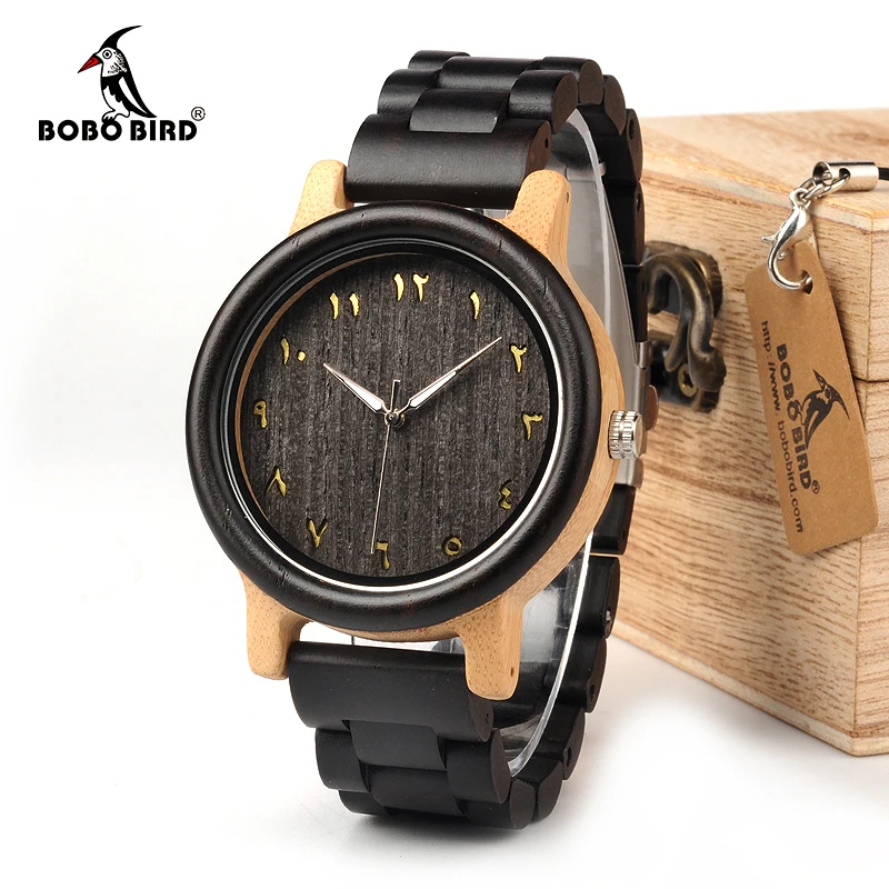 BOBO BIRD WN14N15 деревянные часы Wenge часы с Восточно-арабскими персидскими фарси цифрами Циферблат циферблат часы с черным ремешком часы для влюбленных