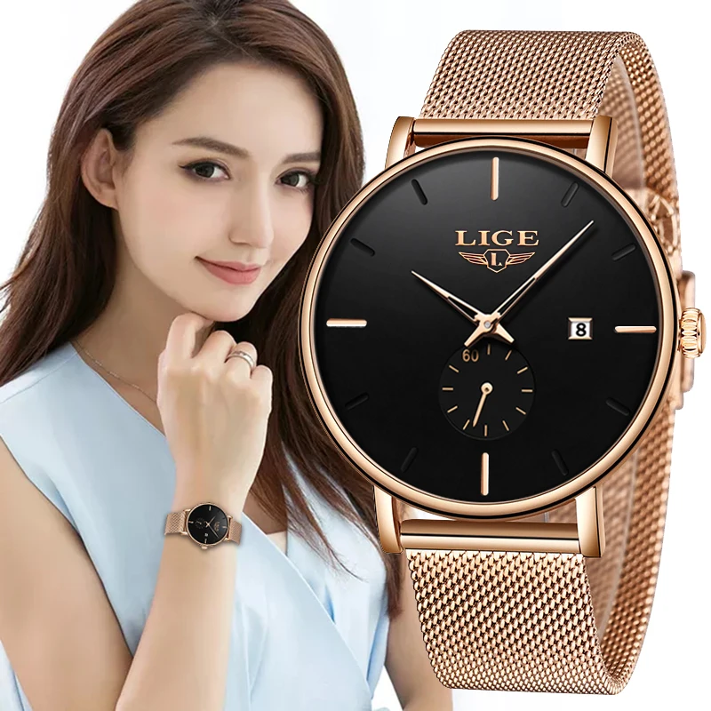 Online Reloj de malla metálica LIGE de lujo para mujer simplicidad reloj de pulsera clásico de moda Casual de cuarzo de alta calidad relojes de mujer reloj femenino