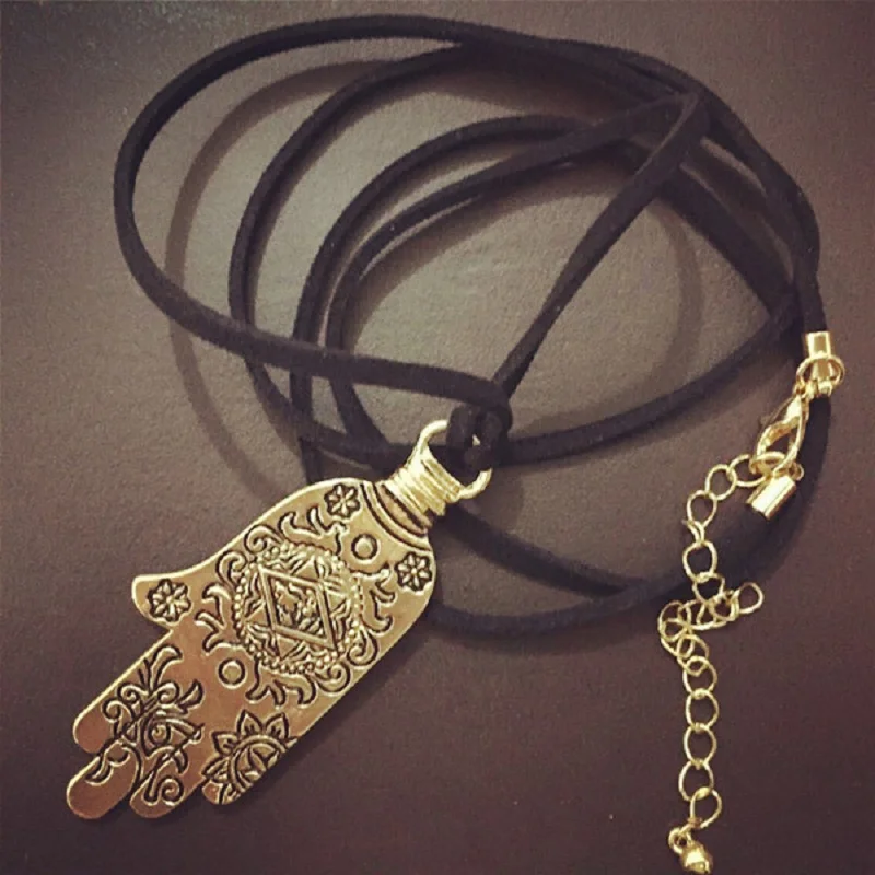 

1pc 2015 fashion turkish gold tone carving flowers fatima hamsa hand pendant necklace israel womens sweater chains islam jewelry