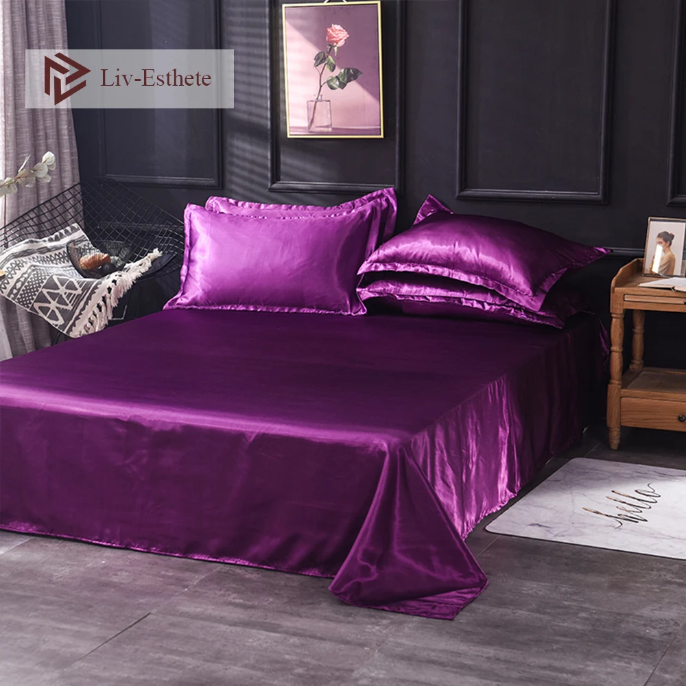 

Liv-Esthete 2019 Hot Sale Wholesale Luxury 100% Satin Silk Purple 1PCS Flat Sheet Silky Queen King Bed Sheets For Women Men