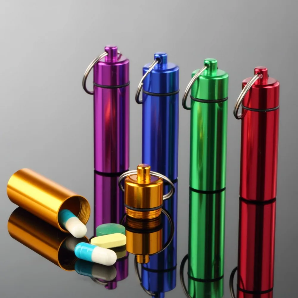 

Mini Waterproof Pill Shape Bottle Aluminum Alloy Portable Pill Box Case Cache Drug Holder Container With Keychain