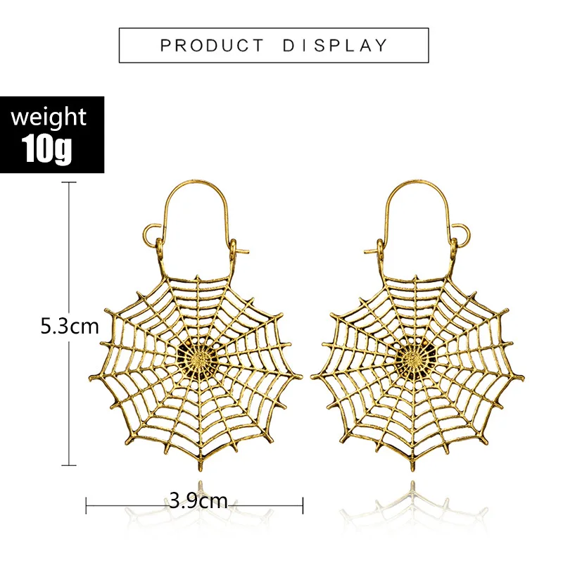 1Pair Vintage Hollow Water Drop Big Hoop Earrings Tribal Bronze Spider Web C Shape Carved Pattern Earrings Women Jewelry E309