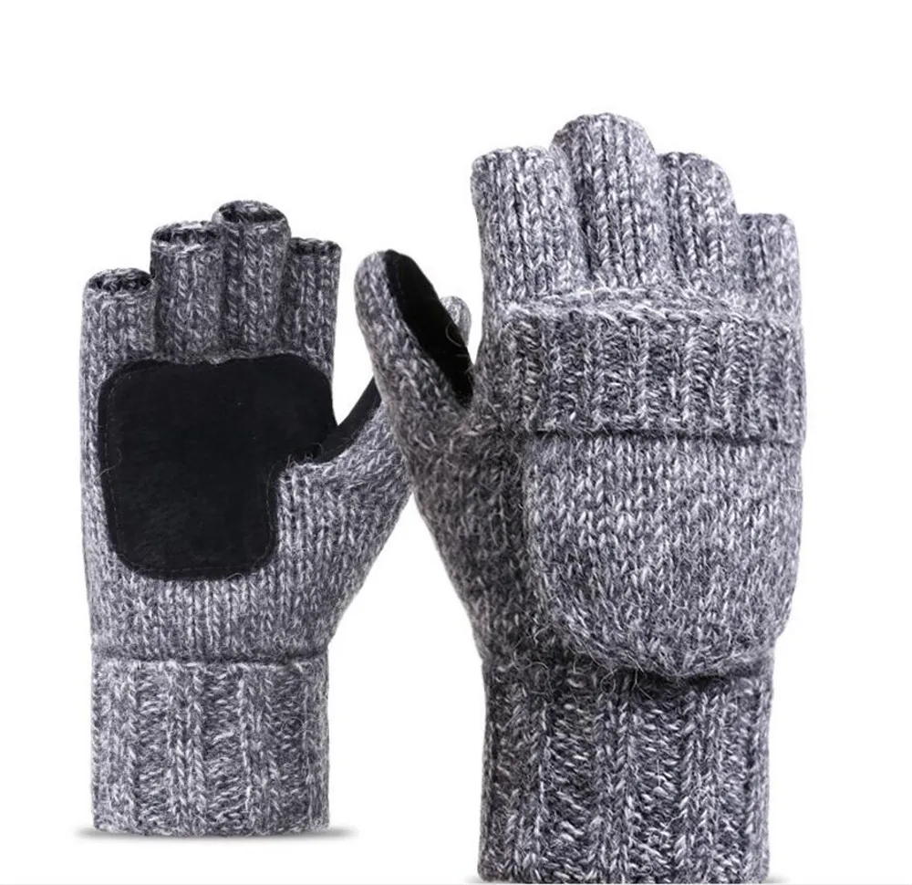 Men's Thinsulate Thick Wool Knitted Half Mitten Suede Palm Gloves Warm Outdoor Riding Gloves