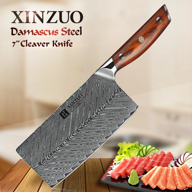 

XINZUO 7'' Cleaver Knife 67 layers Damascus Steel Kitchen Knives New Arrival Slicing Knife with Good Quality Rose wood Handle