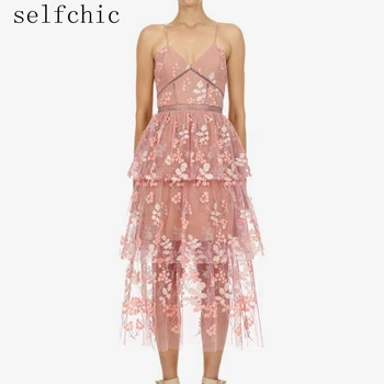 

2019 Summer Women Pink Dress Sexy Spaghetti Strap Floral Embroidered Dresses