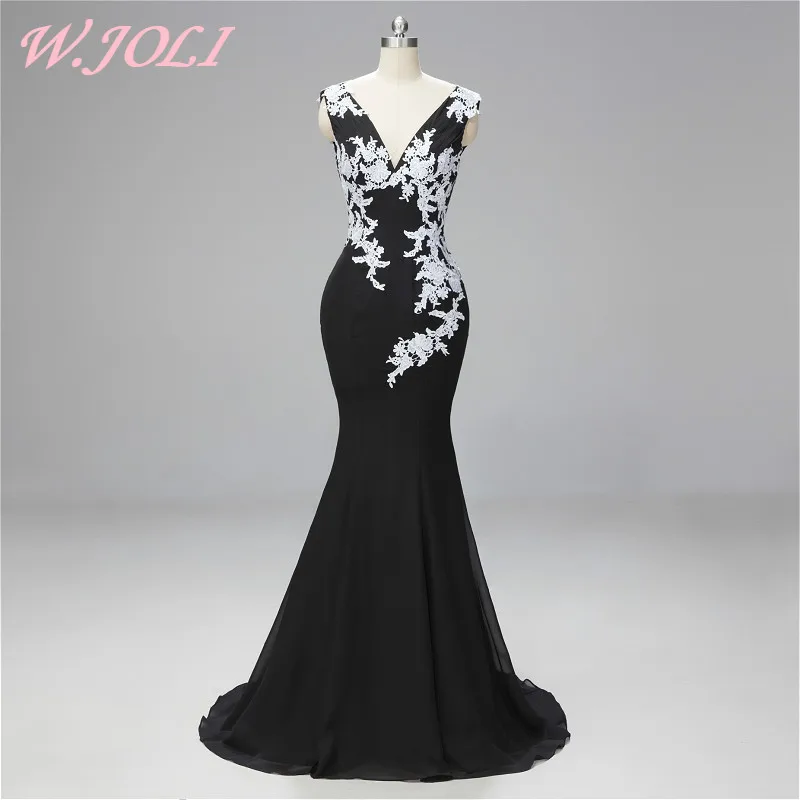 

W.JOLI Evening Dress Long Elegant Lace Chiffon Prom Gown Vintage Appliques Flowers Slim Wedding Party Evening Dresses 2019