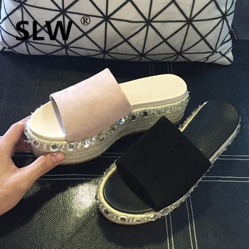 

Female Med Clogs Platform Leather Summer Ladies Wicker Slippers Slides Sandal With Rhinestones Water Flat New 2019 Slates