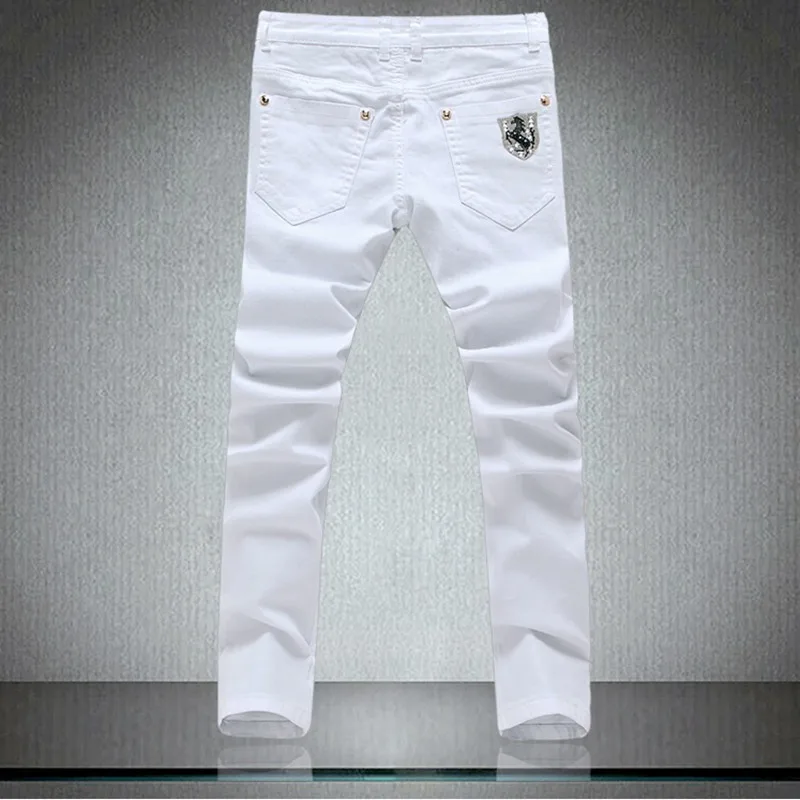 New European Mens White Skinny Jeans Runway Biker Skinny Warm Denim