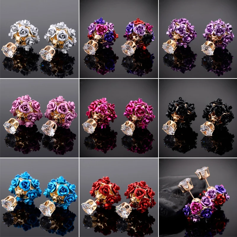 Women Double Sided Rose Crystal Stud Earring Statement Rhinestone Earring femme brincos Shellhard Vintage Korean Jewelry
