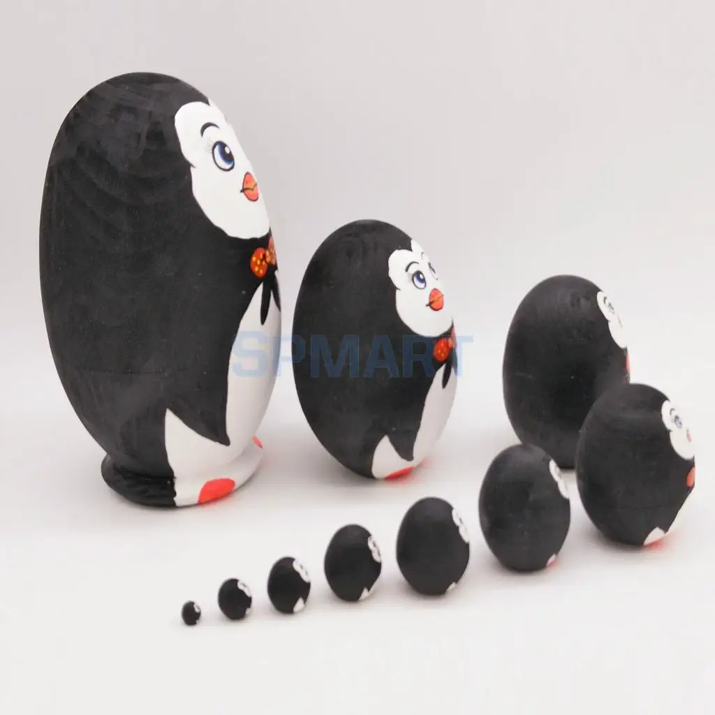 10 Pieces Penguin Russian Nesting Dolls Wooden Babushka Matryoshka Dolls Toy Christmas Gift Home Display Decor