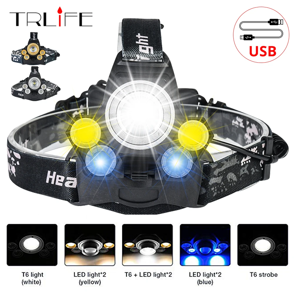 

Headlamp 50000Lums LED Headlight T6 +4*XPE LED Head Lamp Yellow&Blue Light Flashlight Torch Lanterna Zoom Waterproof By 18650