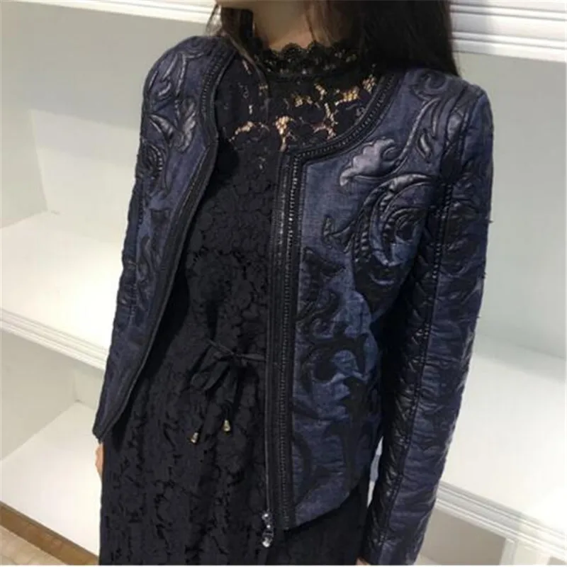 

Super high quality 2018 spring autumn Denim basic Women jacket short round neck cowboy stitching PU washed leather Coat