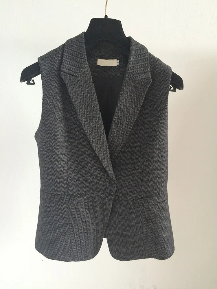 

Women Woolen Suit Vest Office Lady Fashion Gray Wool Suit Vest Female Autumn Spring Waistcoat All Match Outerwear