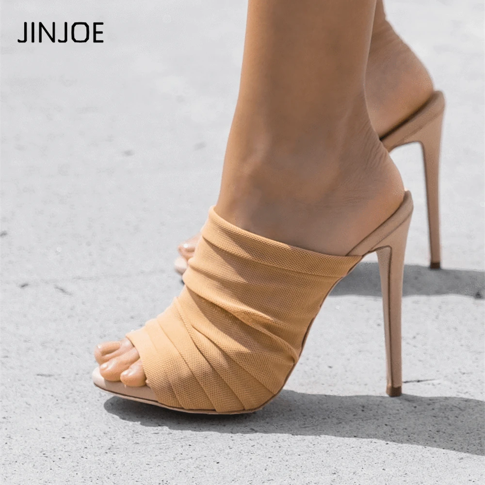 

JINJOE shoes woman High heel Silk sandals Simple slippers Peep Toe Ankle sandals Woman Thin Heel Gladiator pumps soft heel 12cm