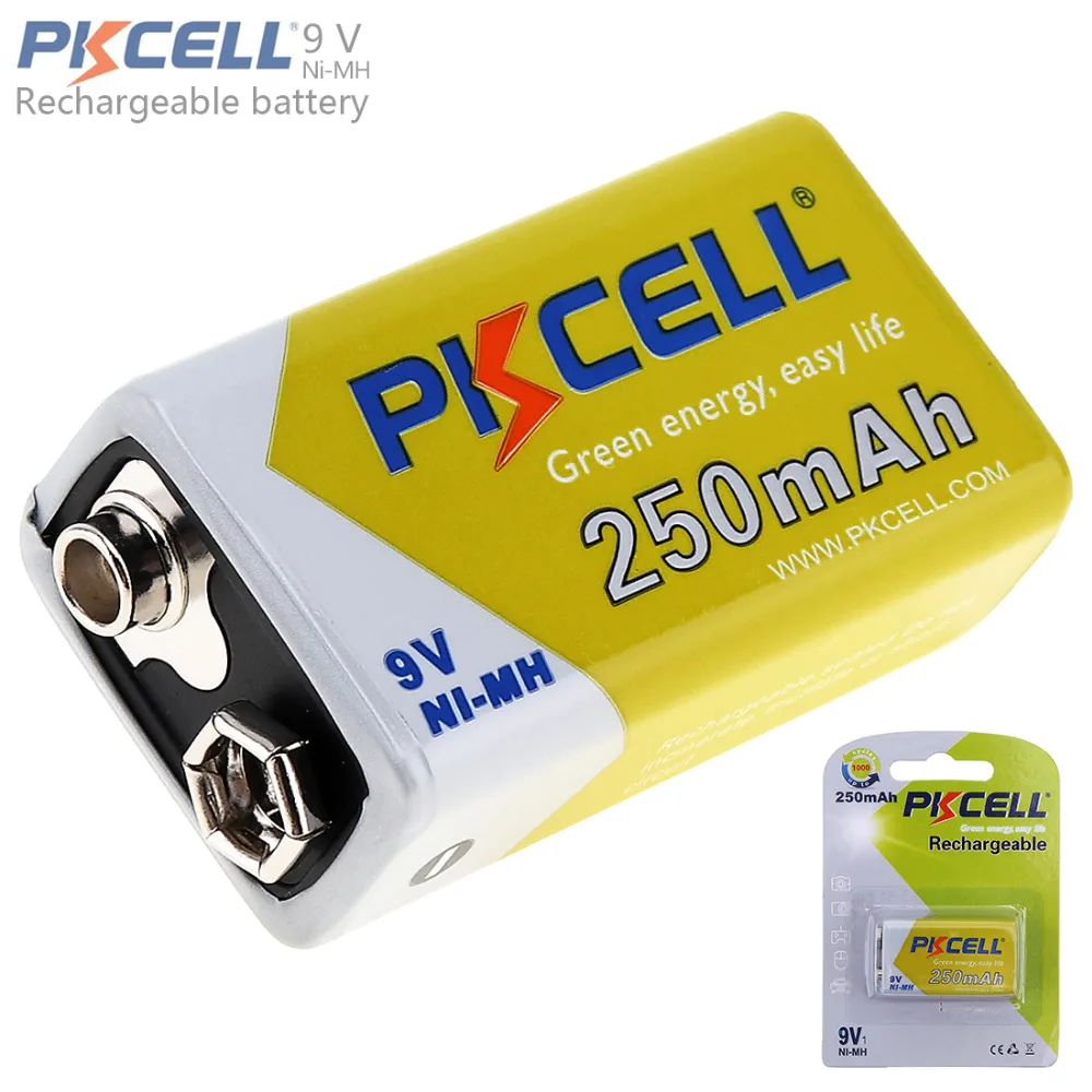 

Pkcell 250mAh 9V 6F22 Battery Ni-Mh NiMh Rechargeable Battery with 1000 Cycle for Multimeter Wireless Microphone Alarm