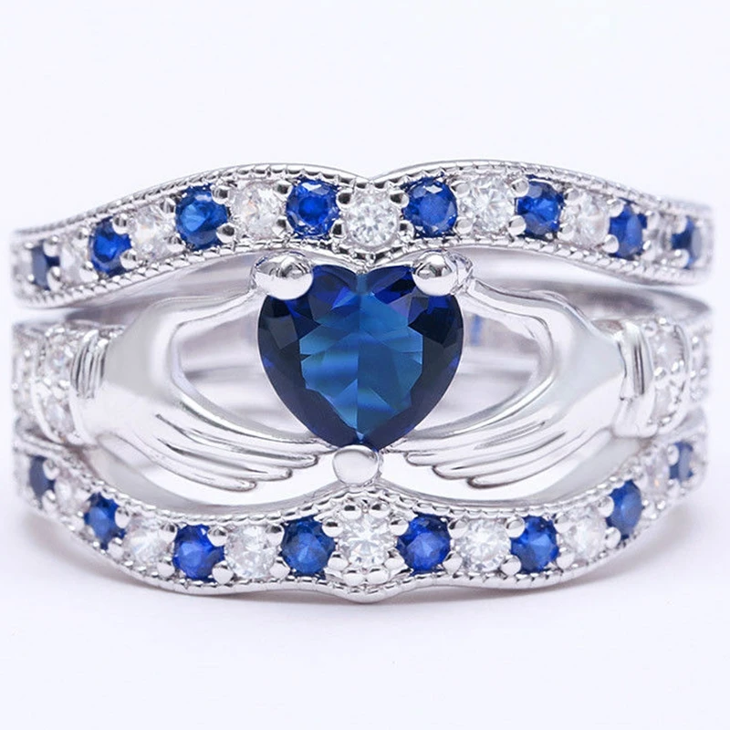 Размер 5 12 родиевое серебряное кольцо Claddagh с голубым кристаллом кубическим