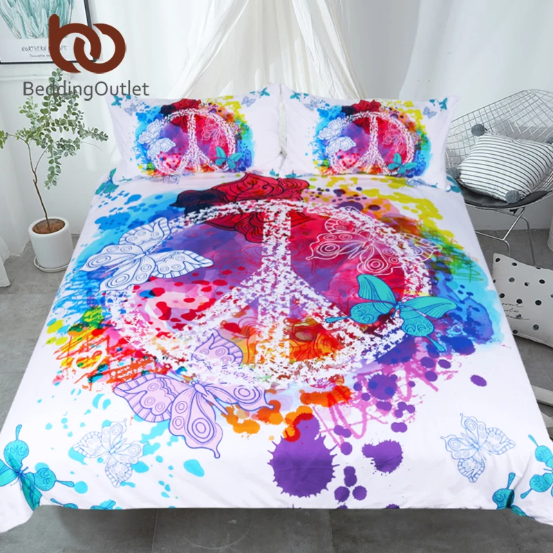 BeddingOutlet Watercolor Butterfly Bedding Set Colorful Printed Quilt Cover With Pillowcases Peace Design Bed Set 3-Piece