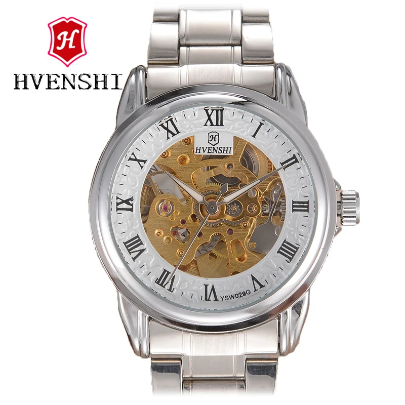 

HVENSHI hollow automatic mechanical watch personality male section steel round 50M waterproof luminous pointer business watch