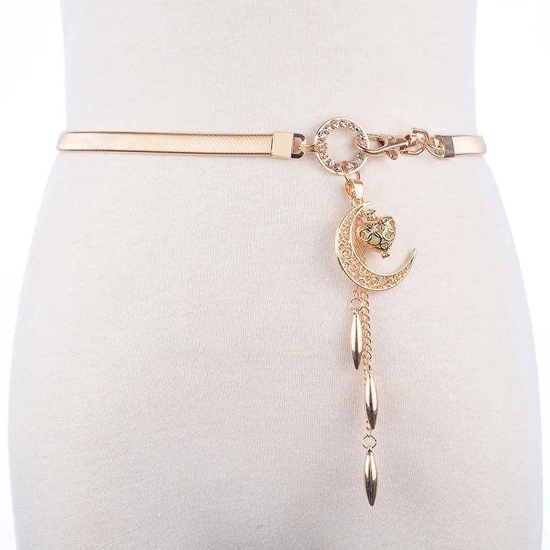 

New Arrival Golden Silver Crystal Metal Chain elastic Belt Ladies Waist Belt Long Dress Accessories Moon Pendant BL266