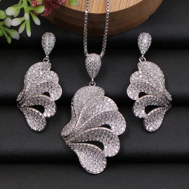 

LanRuiSha Jewelry Set Fashion Elegant Angel Wing Full Zircon Micro Paved Necklace with Earrings for Wedding Pop Bridal Best Gift