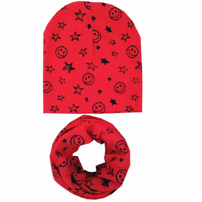 Хлопковая детская шапка, шарф, шапка для девочек, шапки для мальчиков, детский шарф-кольцо для малышей от 0 до 3 лет, осенне-зимняя вязаная шапка для детей, комплект, детская шапка - Цвет: star smile red
