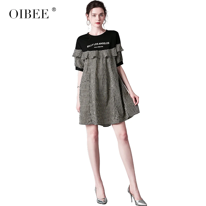 OIBEE2019 летнее Новое Женское тонкое платье свободного большого размера толстый мм с коротким рукавом гофрированное женское летнее