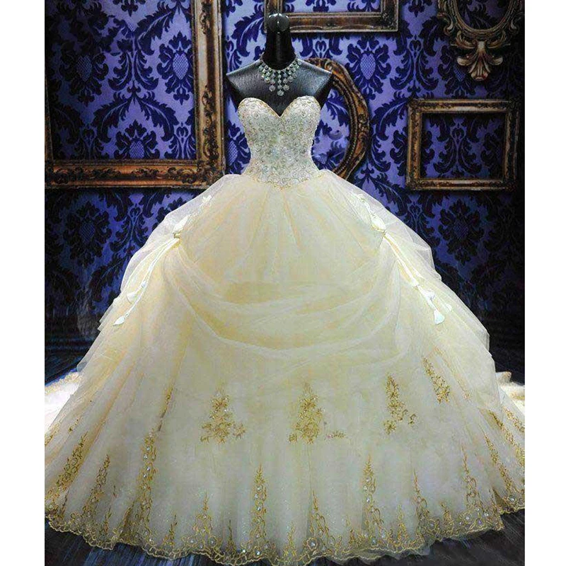 Wedding Dresses with Gold Embroidery Silver Beads Vintage Wedding 