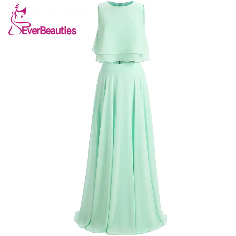 

Mint Green Bridesmaid Dresses New 2019 Two Pieces Chiffon with Pleat Long Wedding Party Gown Vestidos Madrinha